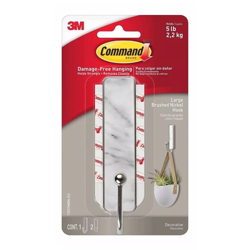 Command 17037MBN-ES Large Brushed Nickel Hook - Marble Finish - Box of 4