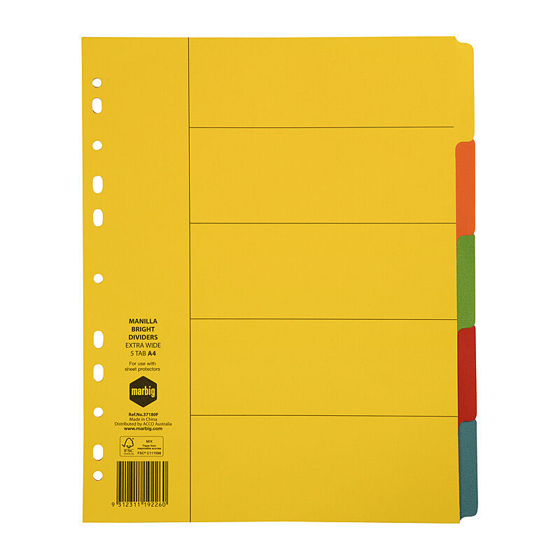 Marbig Indices & Dividers 5 Tab Manilla A4 XWide