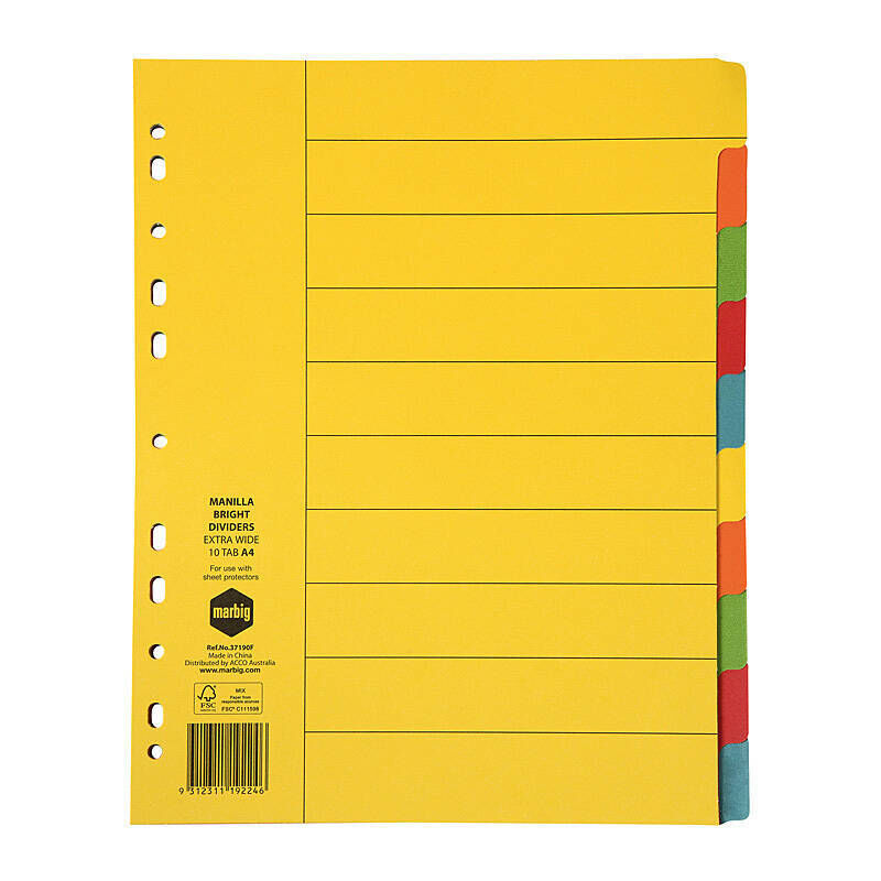 Marbig Indices & Dividers 10 Tab Manilla A4 XWide