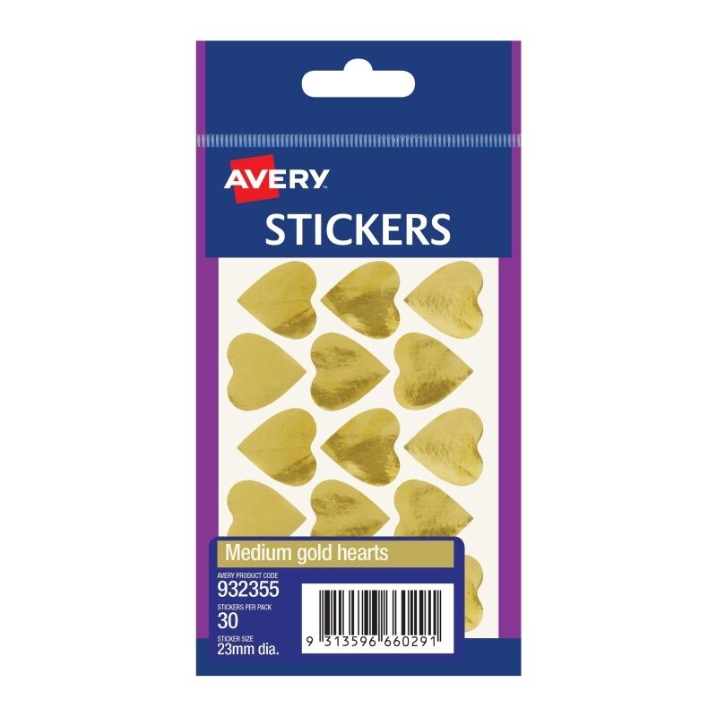 Avery 23mm Gold Heart Stickers 30-Pack - Box of 10