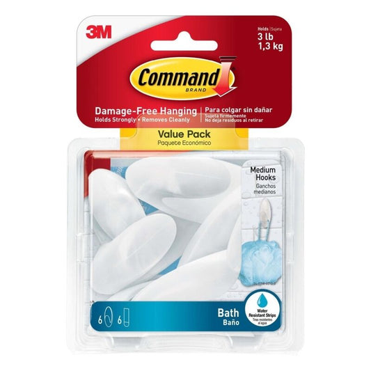 Command BATH18-6ES Medium Bath Hooks Value 3-Pack - Box of 6