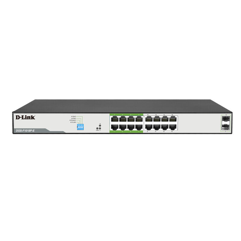 D-Link 18-Port Gigabit PoE Switch with 16 PoE+ Ports and 2 SFP Uplinks [DGS-F1018P-E]