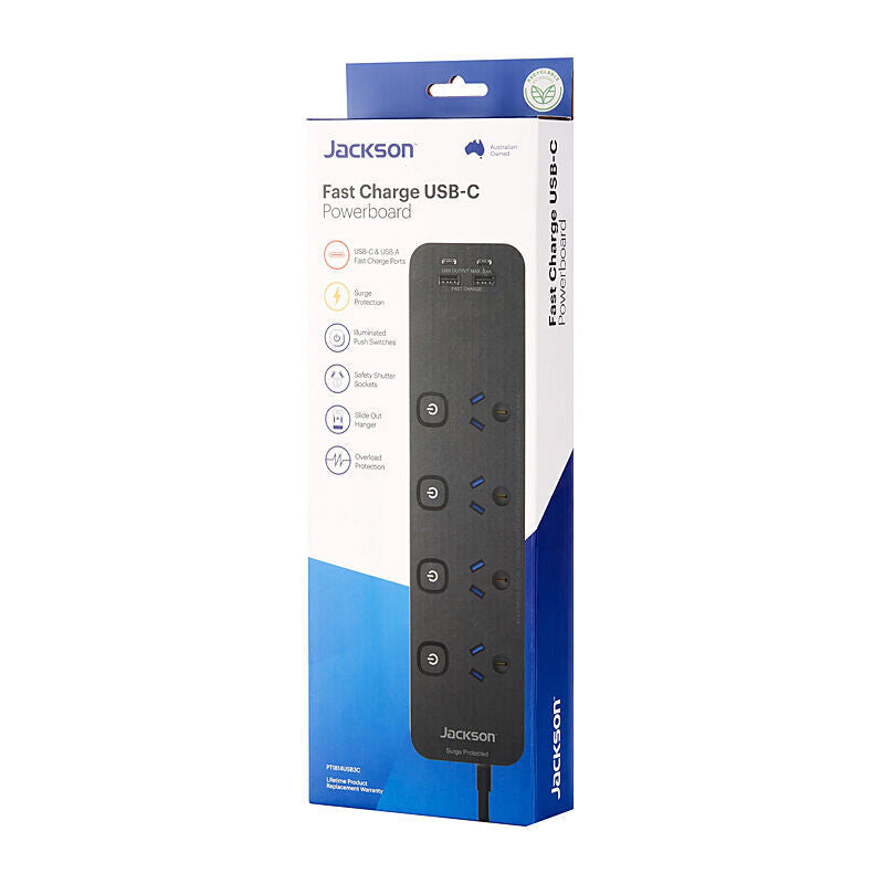 Jackson Fast Charge USB-C/A 4 Way Surge Protected Powerboard [PT1814USB3C]