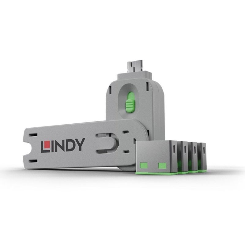Lindy USB-A Port Blocker 4 Pack + Key Green [40451]