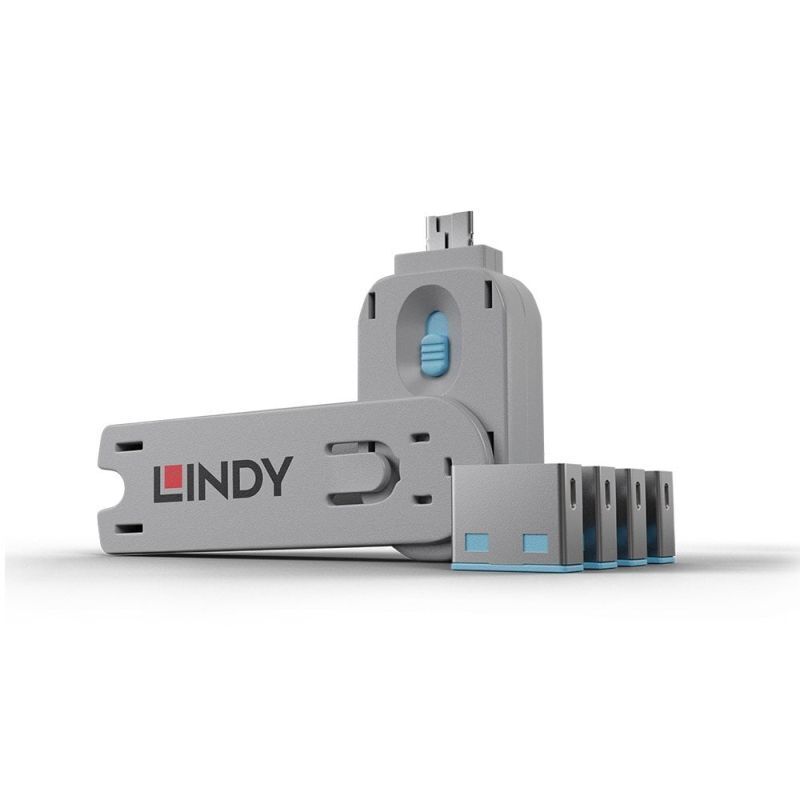 Lindy USB-A Port Blocker 4 Pack + Key Blue [40452]