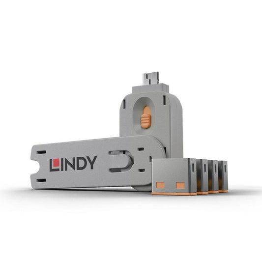 Lindy USB-A Port Blocker 4 Pack + Key Orange [40453]