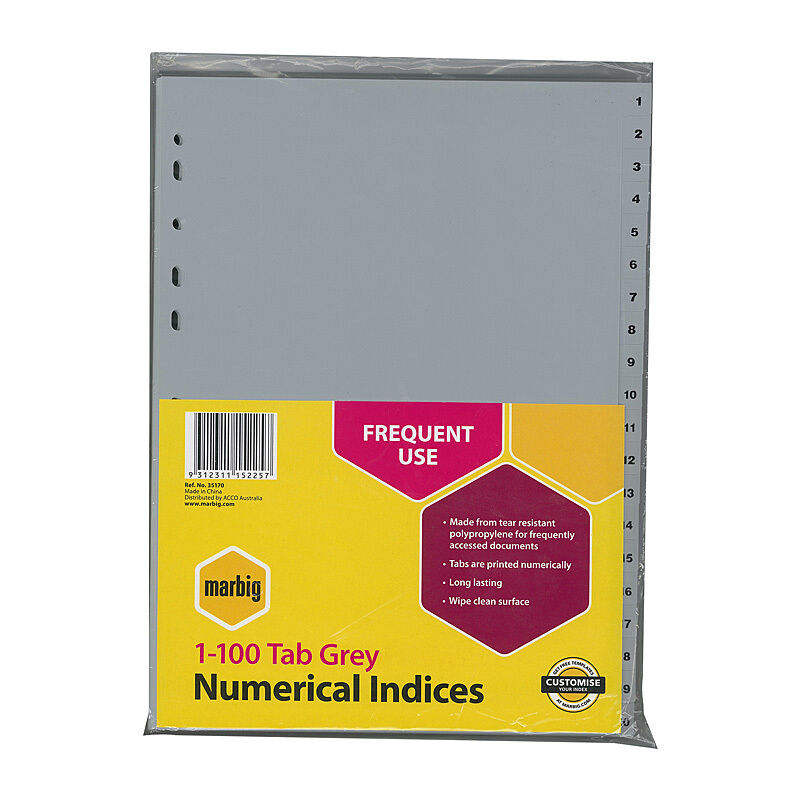Marbig Indices & Dividers 1-100 Tab Pp A4 Grey